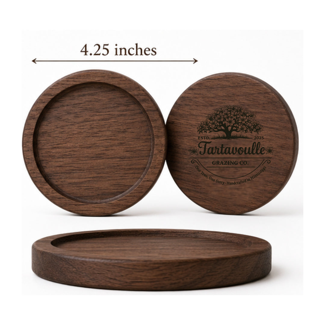 Black Walnut Barrel Ring coasters, handcrafted detail view