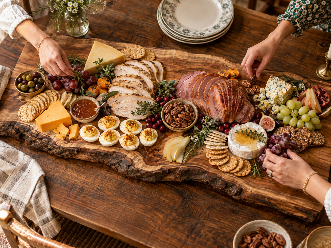 Southern holiday grazing spread on a handcrafted hardwood board with meats, cheeses, fruit, bread, and seasonal accents