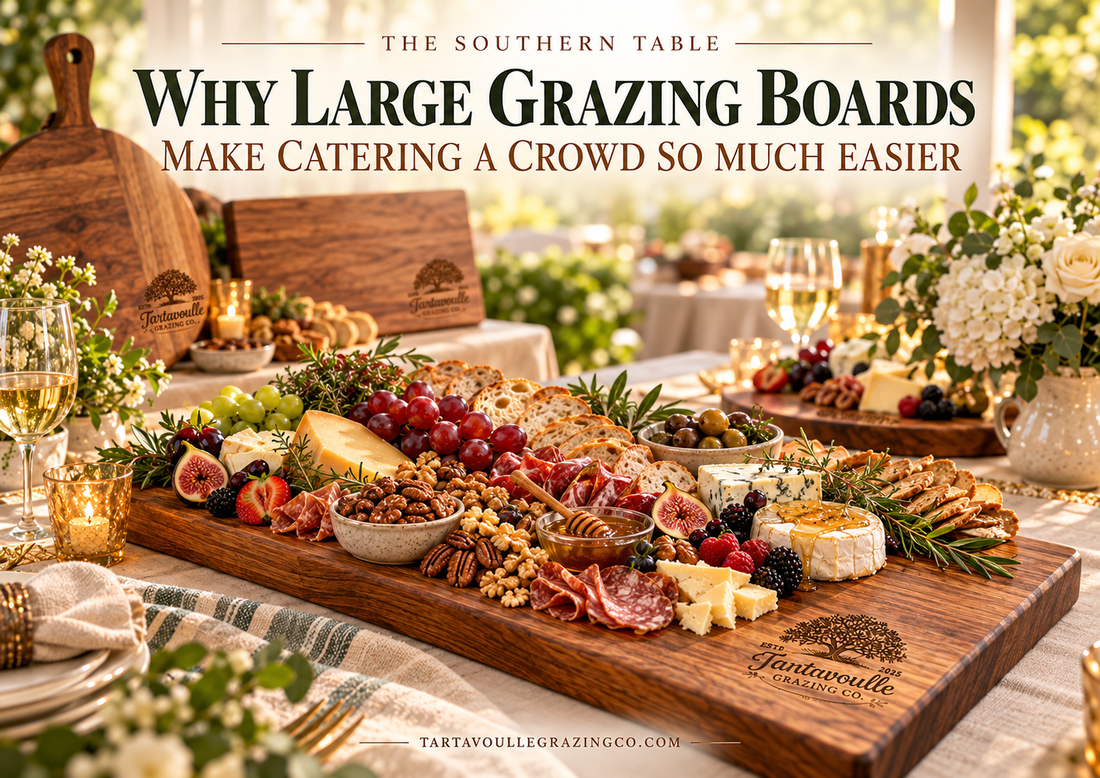 Large Tartavoulle Grazing Co. hardwood grazing board styled for a catered event