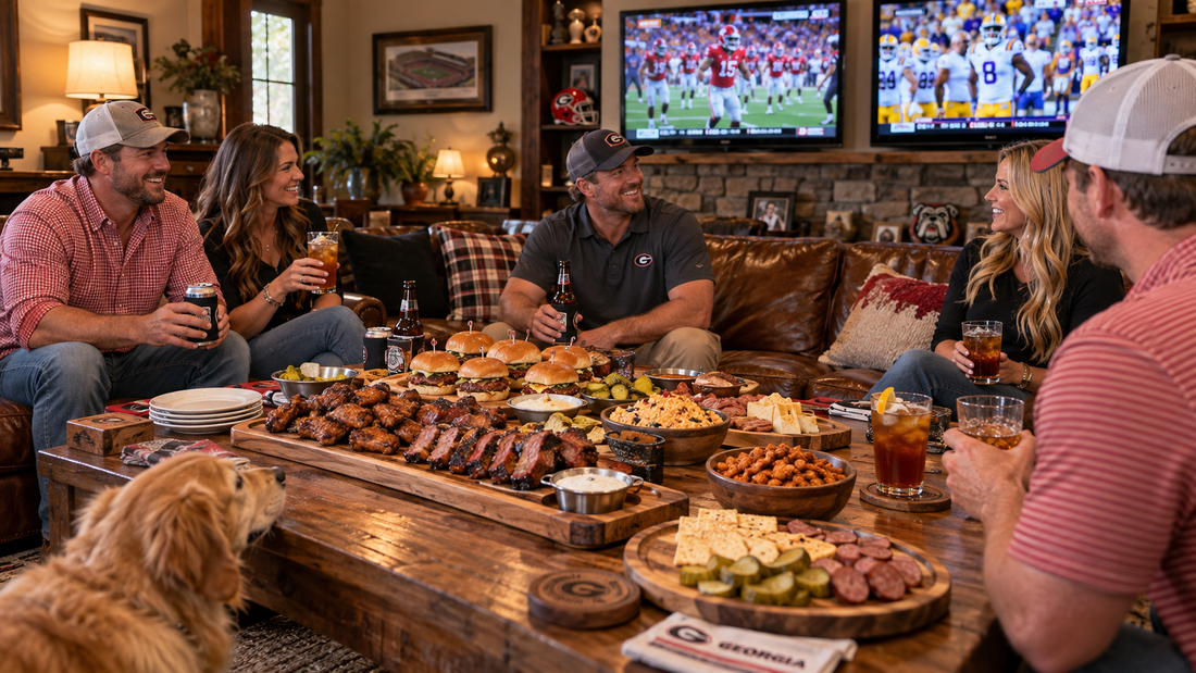 Friends gathering for a Southern football watch party around hardwood serving boards filled with wings, ribs, sliders and game-day food.