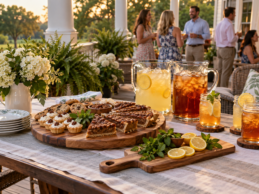 Southern porch gathering with sweet tea, lemonade, pecan desserts and handcrafted hardwood serving boards at golden hour.