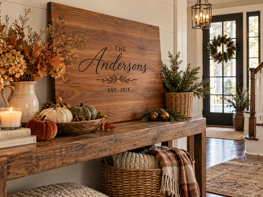 Personalized hardwood board styled as autumn entryway decor with pumpkins, greenery, candlelight and warm Southern farmhouse accents.