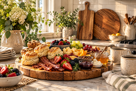 Everyday Southern kitchen with a hardwood round serving board styled for brunch and handcrafted wooden boards displayed against the backsplash.