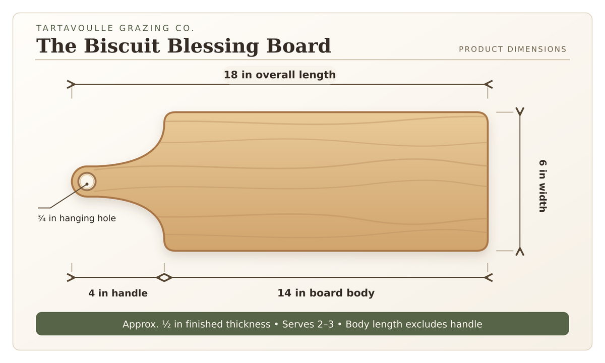 Biscuit Blessing Board: 6 inch width, 14 inch board body, 4 inch handle, 18 inch overall length, 3/4 inch hanging hole