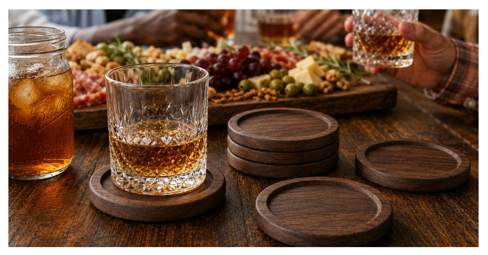 Black Walnut Barrel Ring bourbon coaster set, featured view