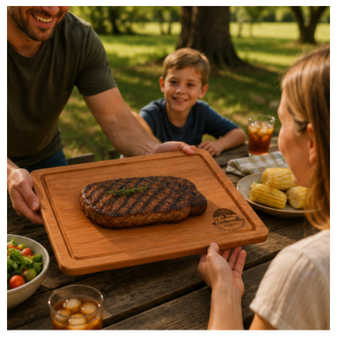 Cattlemen 12 by 16 inch Cherry steak board serving grilled steak at an outdoor family meal