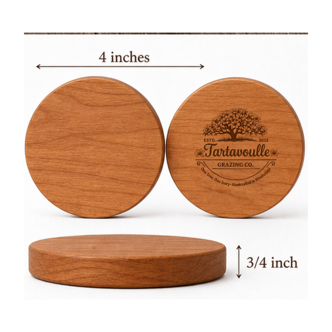 Cherry wood coasters, handcrafted detail view