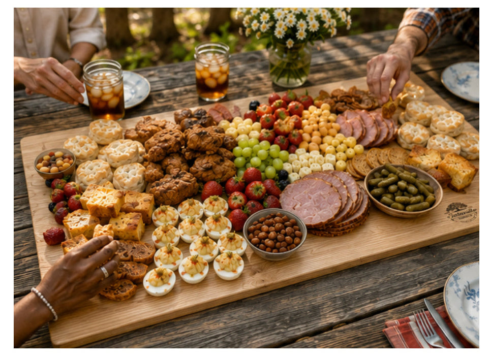 Family Reunion 23 by 47 inch White Oak grazing board, featured gathering view