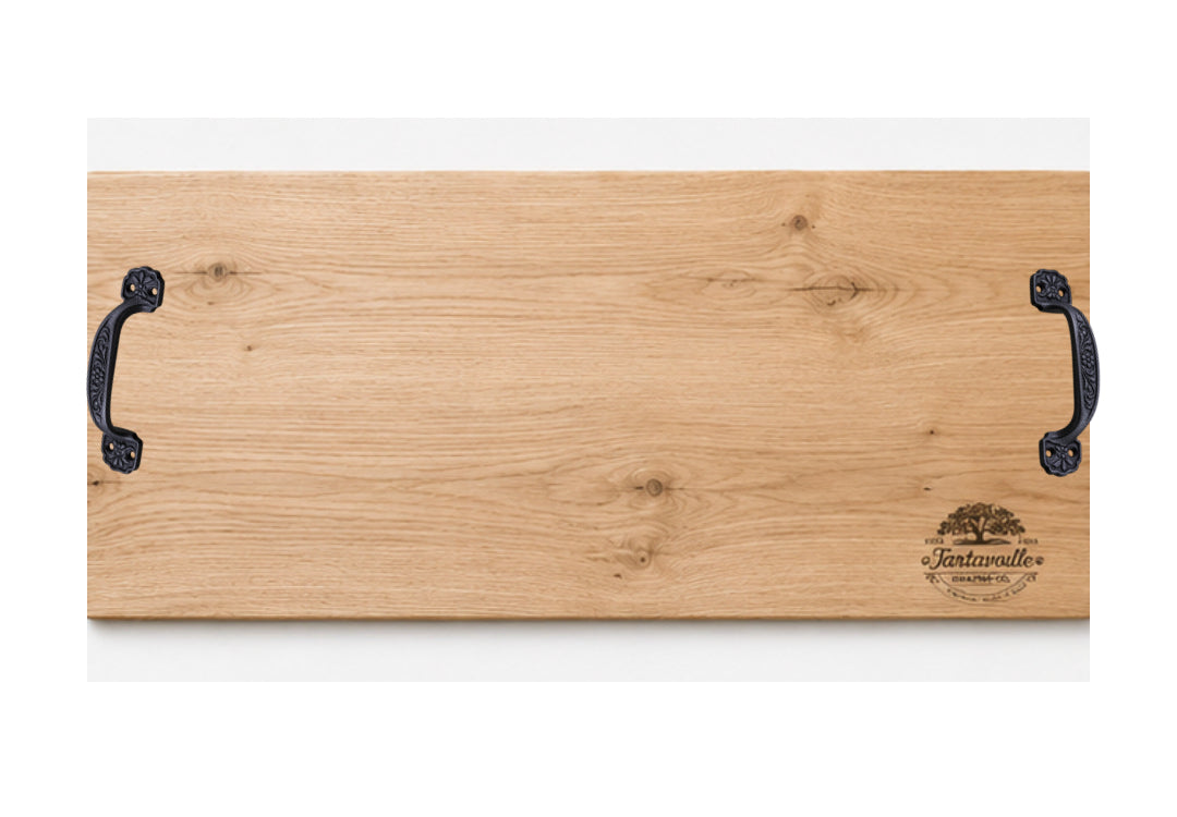 Family Reunion 23 by 47 inch White Oak grazing board, handcrafted detail view