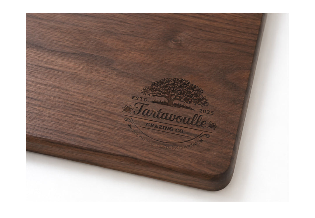 Garden Party 14 by 18 inch Black Walnut grazing board, handcrafted detail view