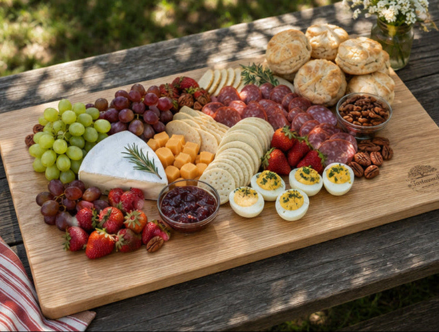 Picnic Table 20 by 30 inch White Oak grazing board, featured outdoor gathering view