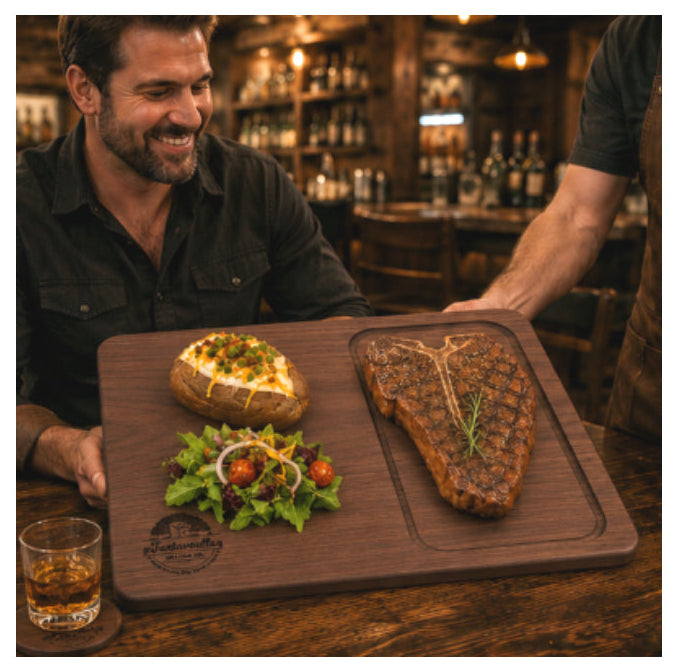 Porterhouse 14 by 18 inch steak board serving grilled steak in a rustic dining setting
