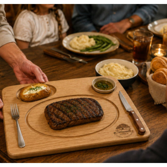 Ranch Hand 10 by 14 inch White Oak steak board serving grilled steak at a family table