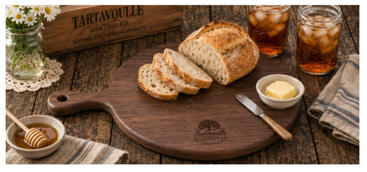 Sunday Bread Round in Black Walnut with handle, Southern bread-serving hero view