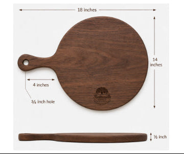 Sunday Bread Round in Black Walnut with board measurements on a white background