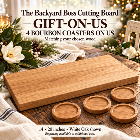 backyard boss Gift-On-Us holiday set in White Oak, with four matching recessed bourbon coasters in a Southern white Christmas setting.