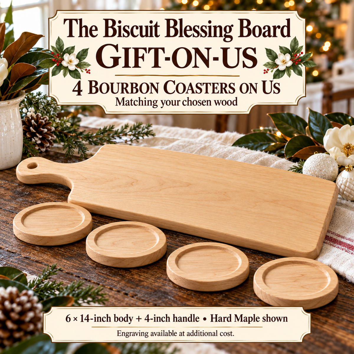 biscuit blessing Gift-On-Us holiday set in Hard Maple, with four matching recessed bourbon coasters in a Southern white Christmas setting.