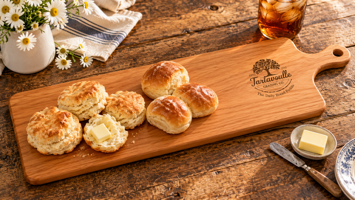 The Daily Bread Paddle in Cherry, 9 inch wide by 22.5 inch board body, serving biscuits and rolls with the handle facing right