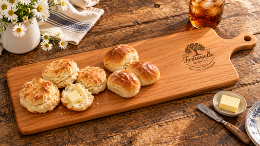 The Daily Bread Paddle in Cherry, 9 inch wide by 22.5 inch board body, serving biscuits and rolls with the handle facing right