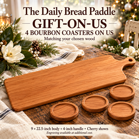 daily bread paddle Gift-On-Us holiday set in Cherry, with four matching recessed bourbon coasters in a Southern white Christmas setting.