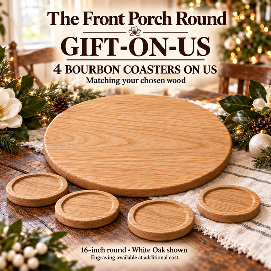 front porch round Gift-On-Us holiday set in White Oak, with four matching recessed bourbon coasters in a Southern white Christmas setting.