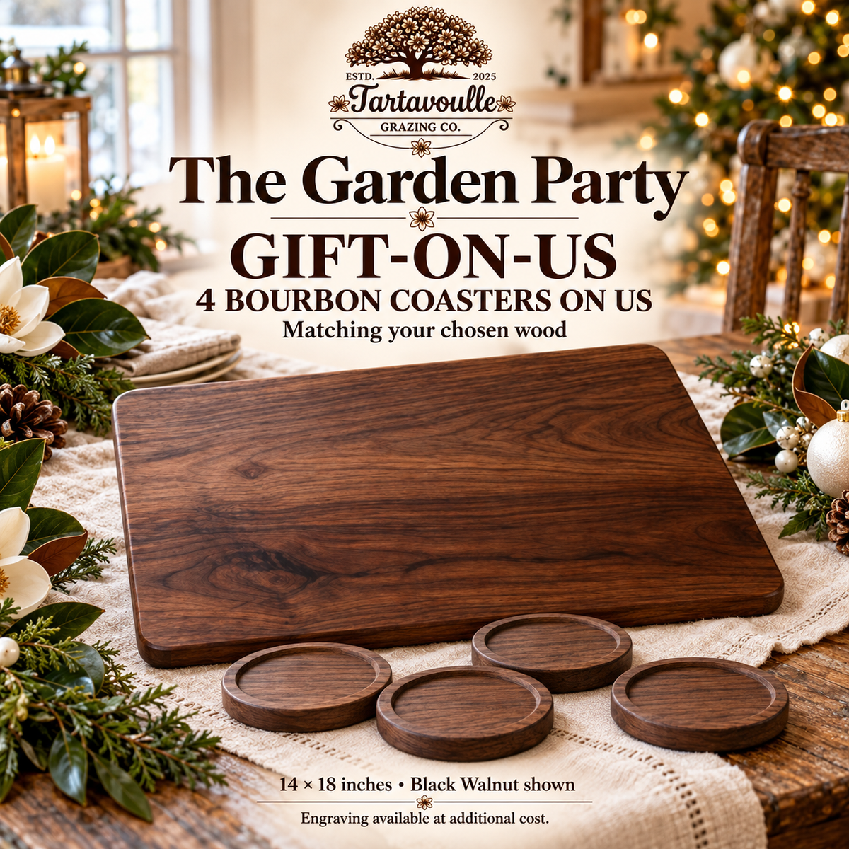 garden party Gift-On-Us holiday set in Black Walnut, with four matching recessed bourbon coasters in a Southern white Christmas setting.