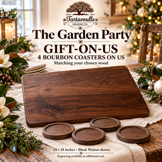 garden party Gift-On-Us holiday set in Black Walnut, with four matching recessed bourbon coasters in a Southern white Christmas setting.