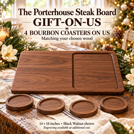 porterhouse Gift-On-Us holiday set in Black Walnut, with four matching recessed bourbon coasters in a Southern white Christmas setting.