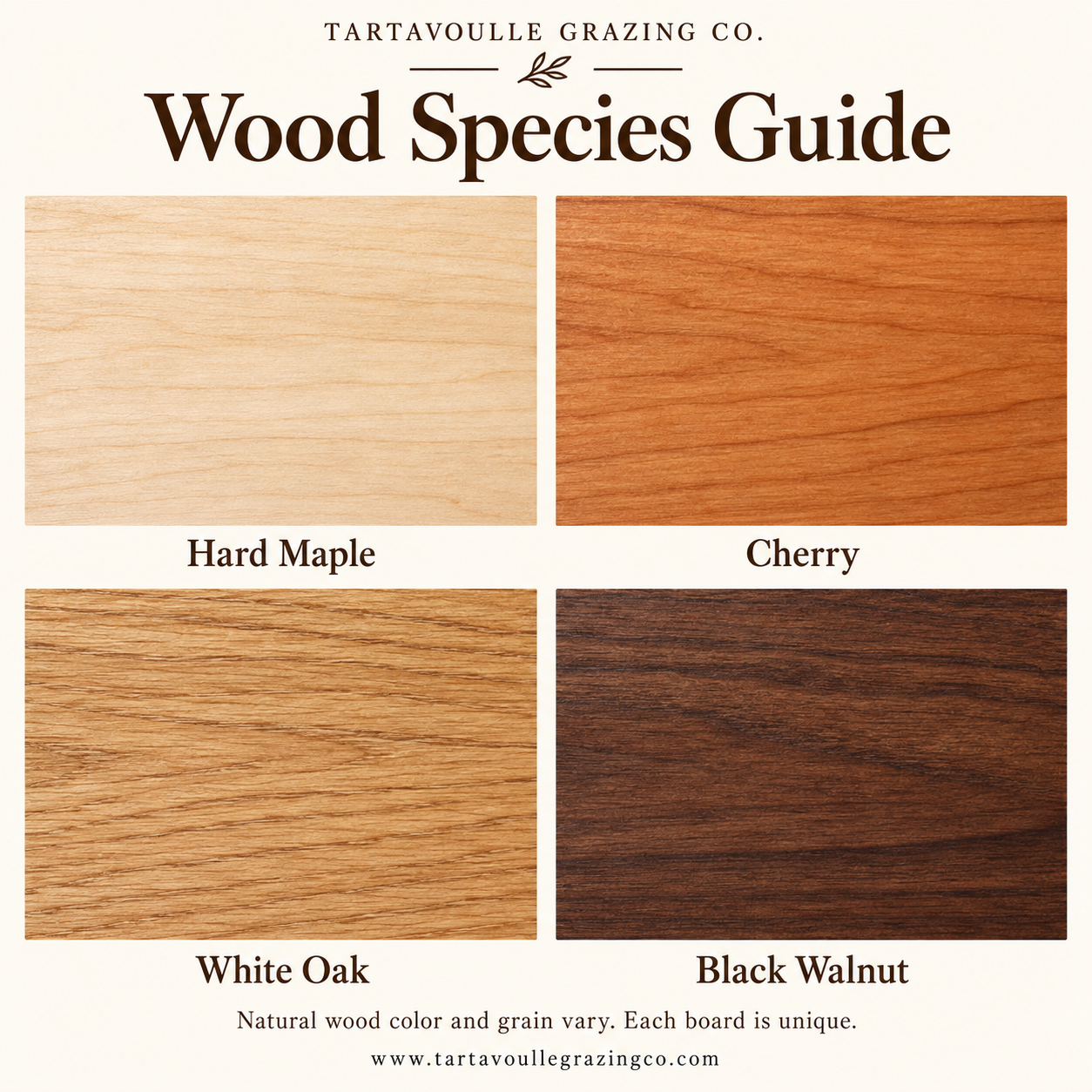 Wood Species Guide: Hard Maple, Cherry, White Oak and Black Walnut. Natural wood color and grain vary; each board is unique.